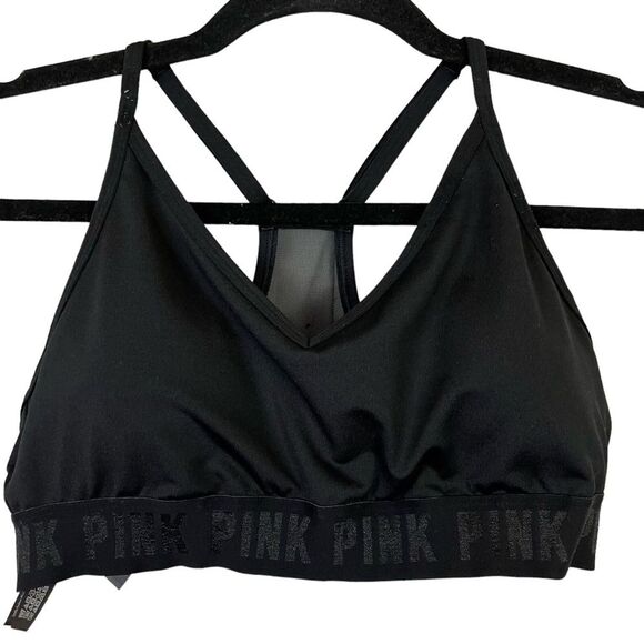 PINK SPORT Victoria's Secret Solid Black Mesh Racerback Sports Bra Workout Top M - Picture 1 of 15